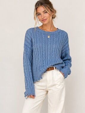 Easel 100% Cotton Blue Cable Knit Distressed Hem Sweater Women’s Medium